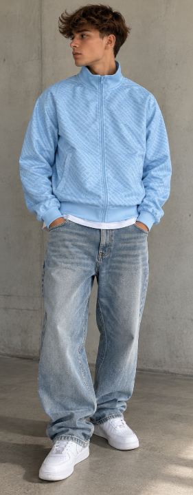 Hellblaue Vintage Trainingsjacke – Zip-Up mit Muster